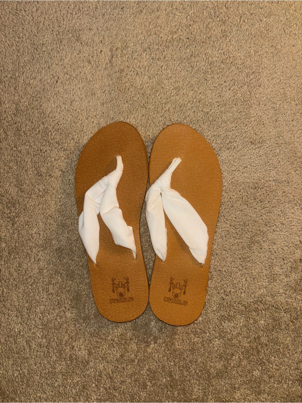 Women’s Tan Flip Flop Sandals with White Fabric Straps